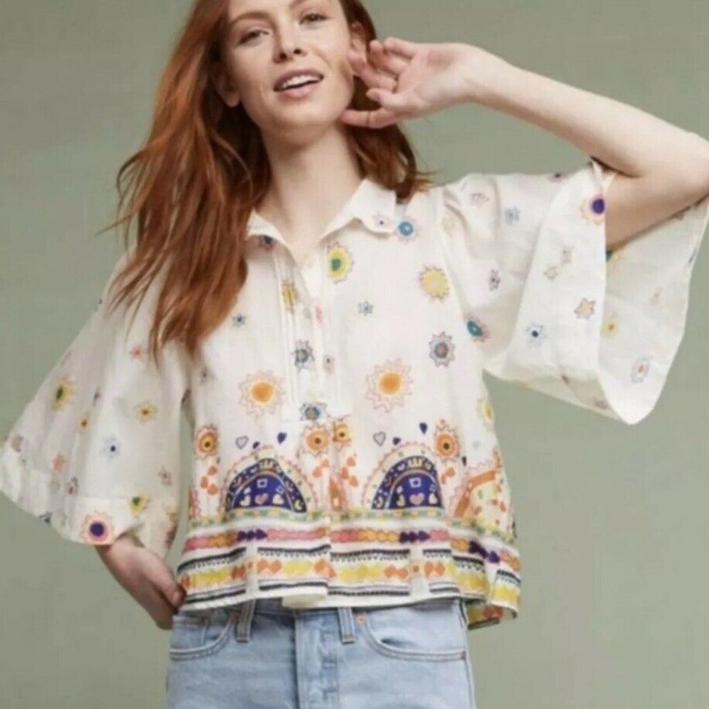 Anthropologie White Boho Embroidered Peasant Blouse with Multicolor Motifs